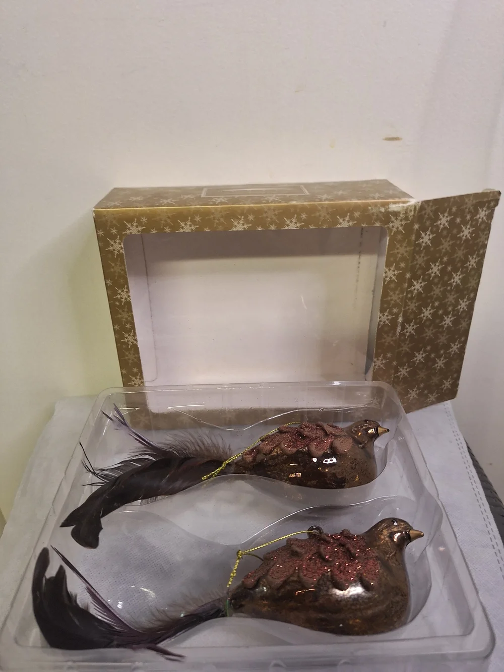 NWT Glass Glitter Feather Bird Ornaments - Set of 2 W/Box
